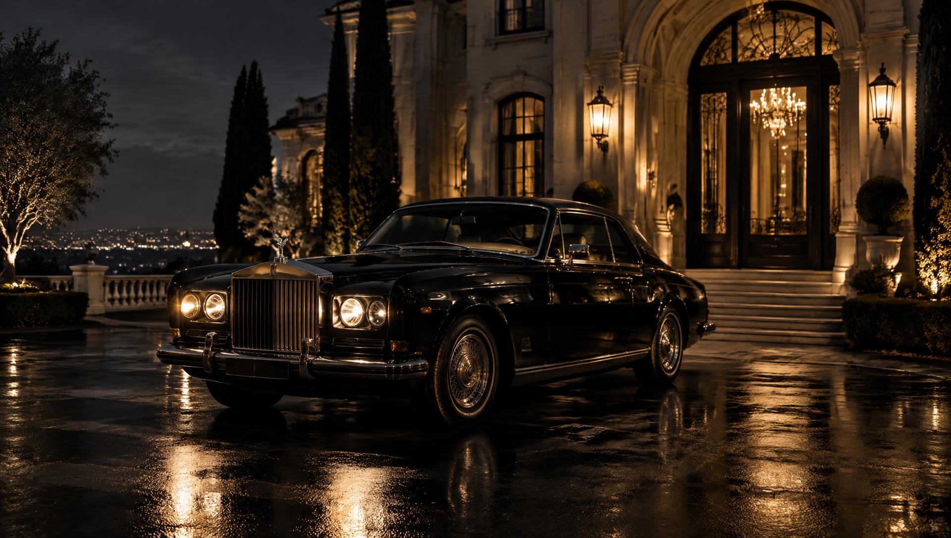 Classic luxury car at a grand estate at night